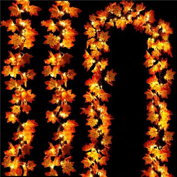 3 Pack 30ft Fall Garland with Timer, 60 LED Leaf Lights, Battery Operated - Picture 1 of 7